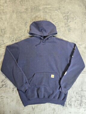 Carhartt Heavyweight Navy Pullover Hoodie Distressed Size Medium Logo Spellout